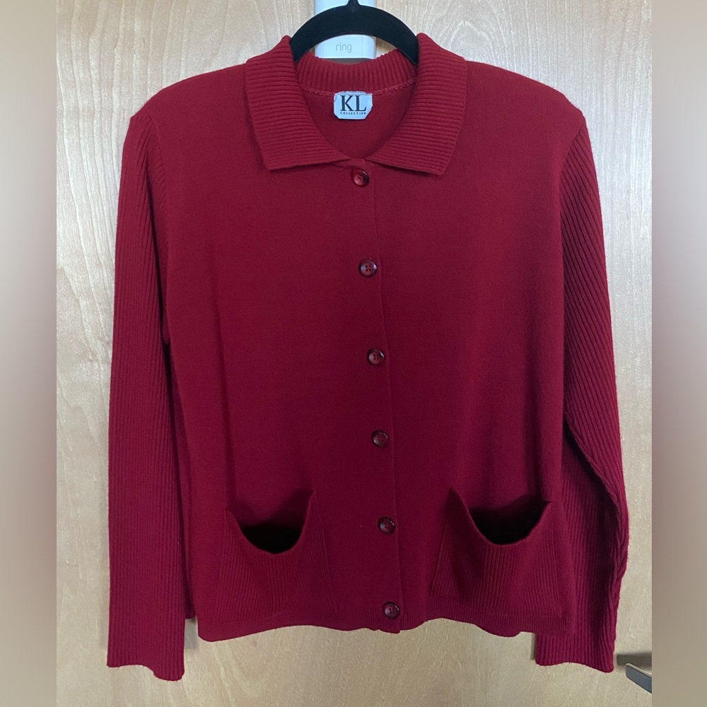 Dark Cranberry KL Collection button down sweater. Size Medium.